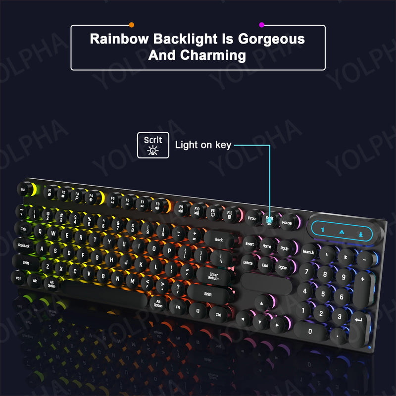 Teclado com fio de 104 teclas com luz de respiração retroiluminada RGB Teclado ergonômico para jogos com fio para computador laptop para PC Gamer Office