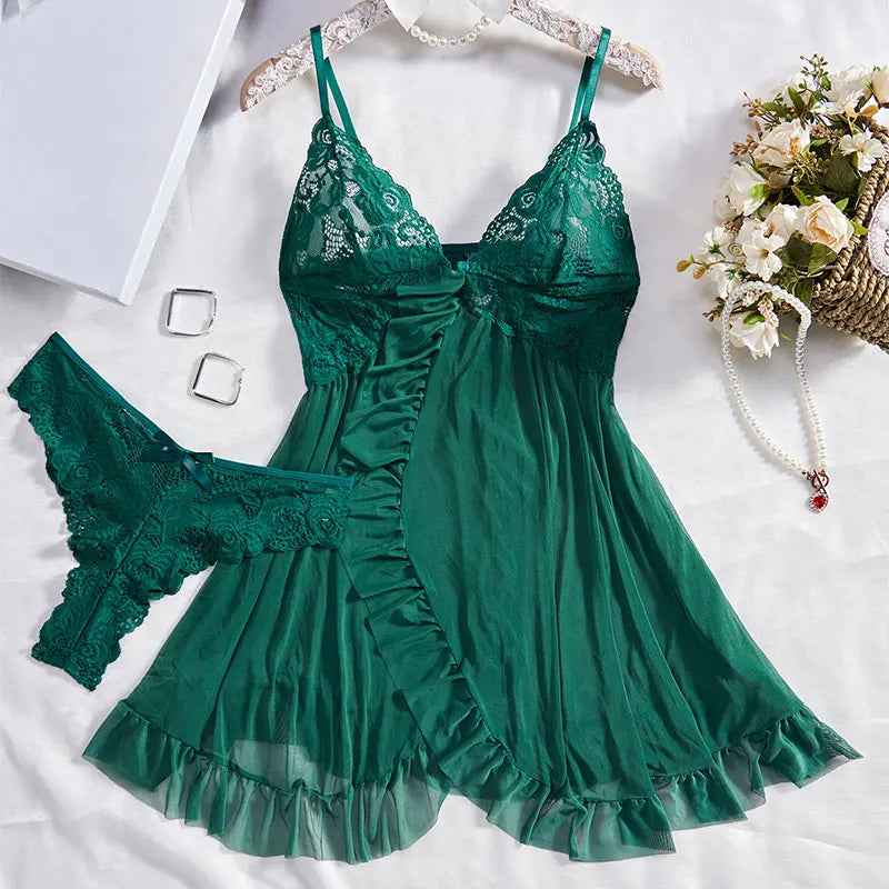 Lindo e delicado conjunto de lingerie esmeralda com renda