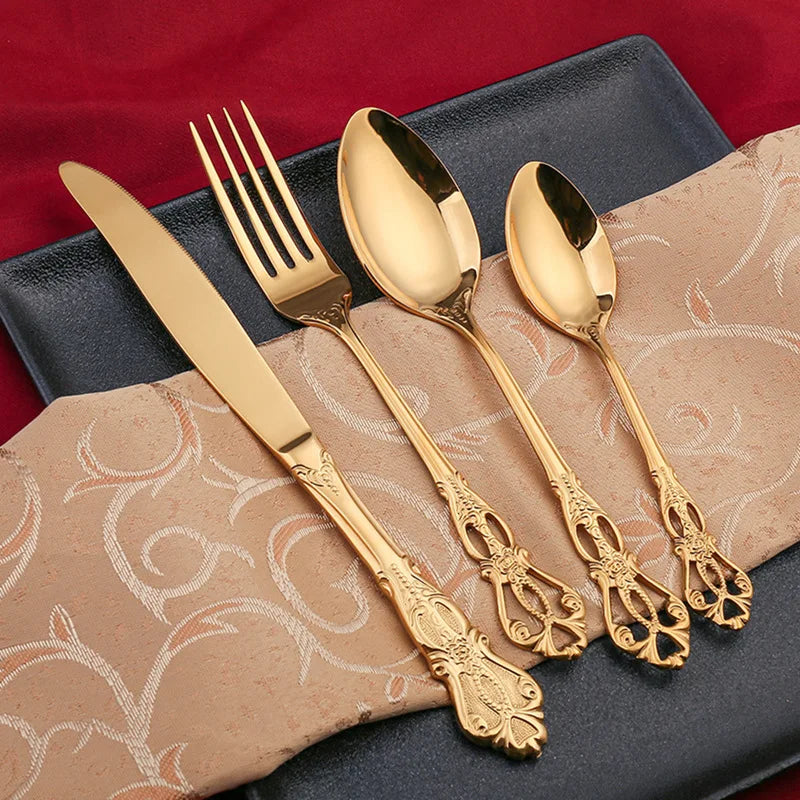 Conjunto de talheres elegantes de aço inoxidável dourado