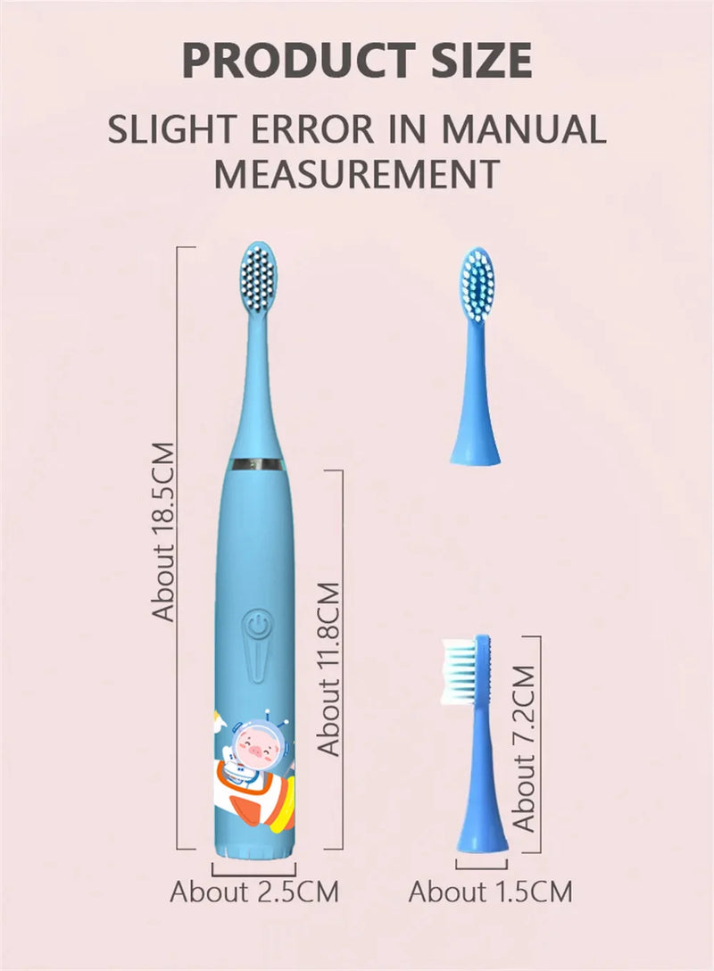 Escova de dentes elétrica infantil, desenho animado, com cabeça de substituição, ultrassônica ipx7, à prova d'água, recarregável