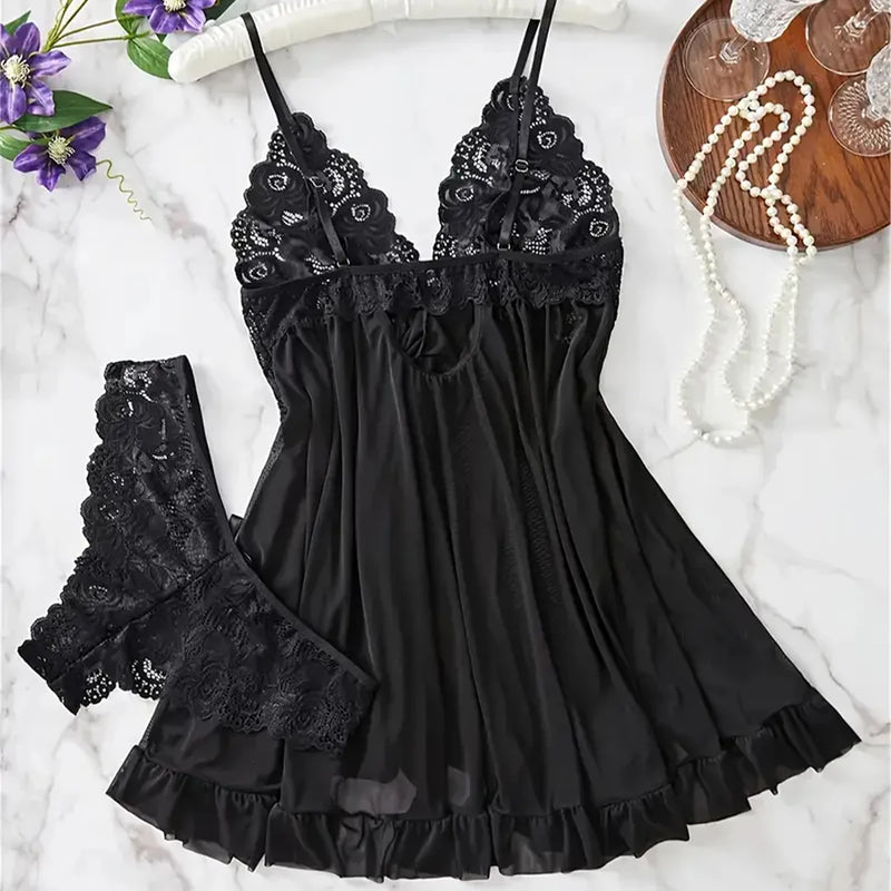 Lindo e delicado conjunto de lingerie preta com renda