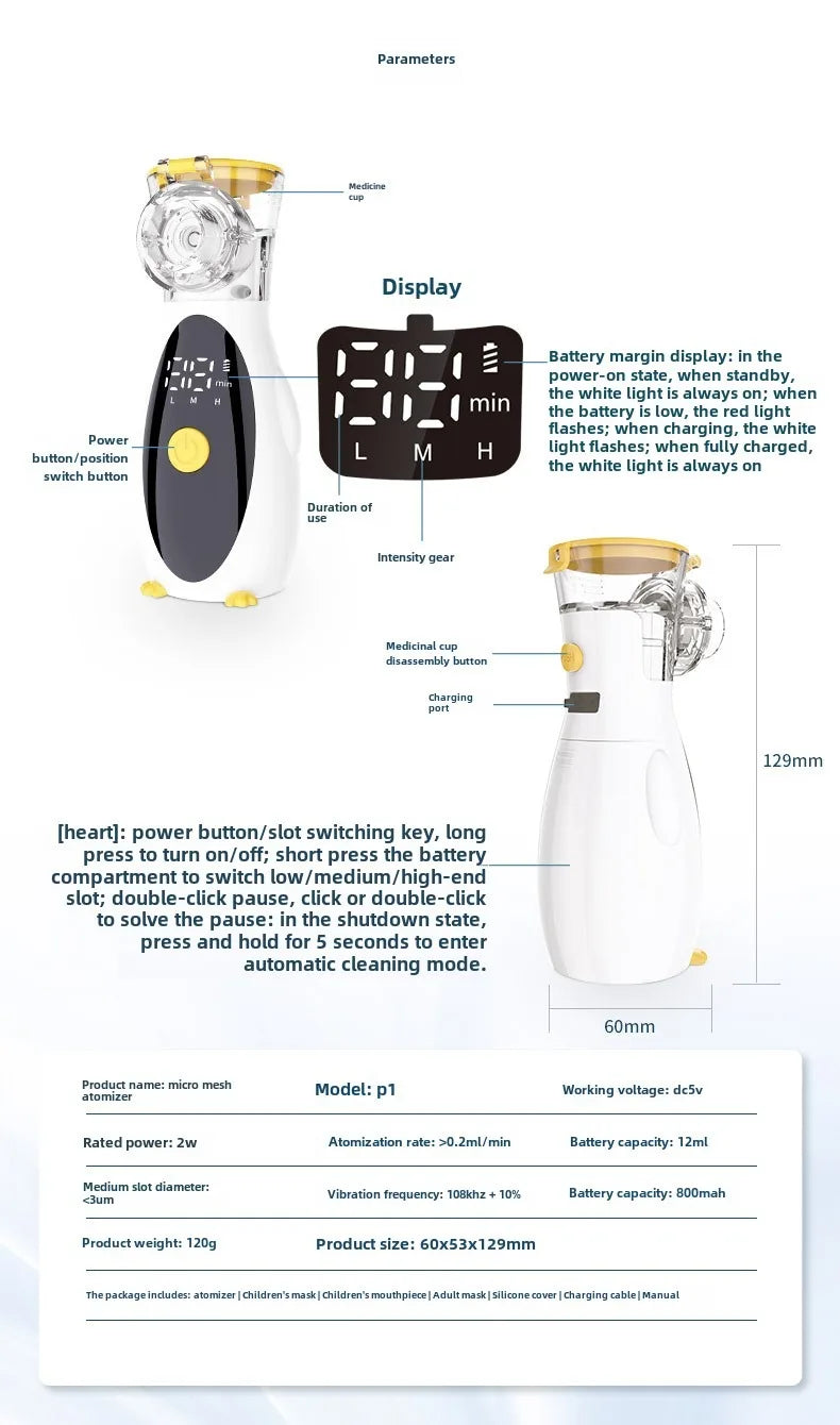 Nebulizador recarregável ajustável display led médico silencioso