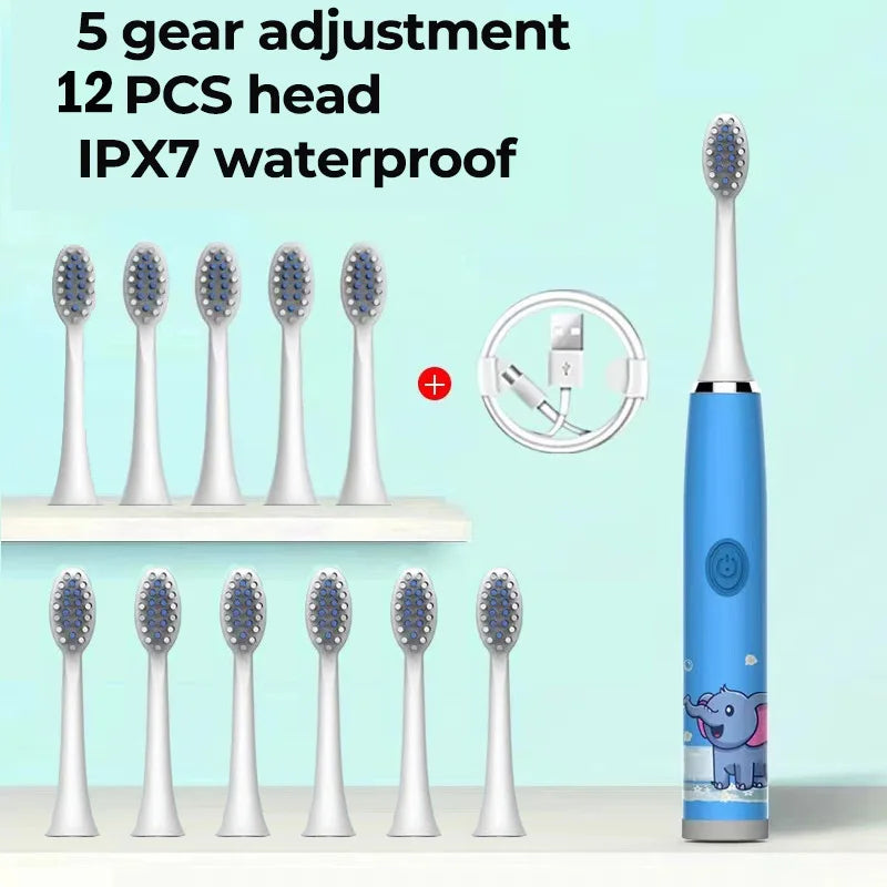 Escova de dentes elétrica infantil, desenho animado, com cabeça de substituição, ultrassônica ipx7, à prova d'água, recarregável