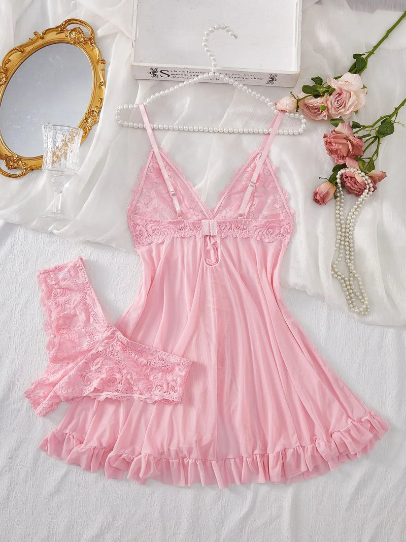 Lindo e delicado conjunto de lingerie rosa com renda