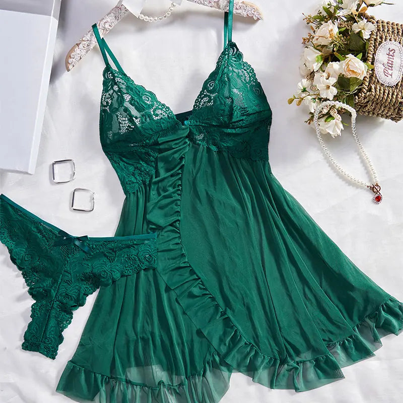 Lindo e delicado conjunto de lingerie esmeralda com renda