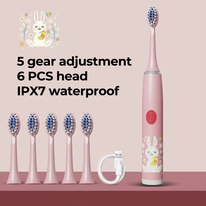 Escova de dentes elétrica infantil, desenho animado, com cabeça de substituição, ultrassônica ipx7, à prova d'água, recarregável