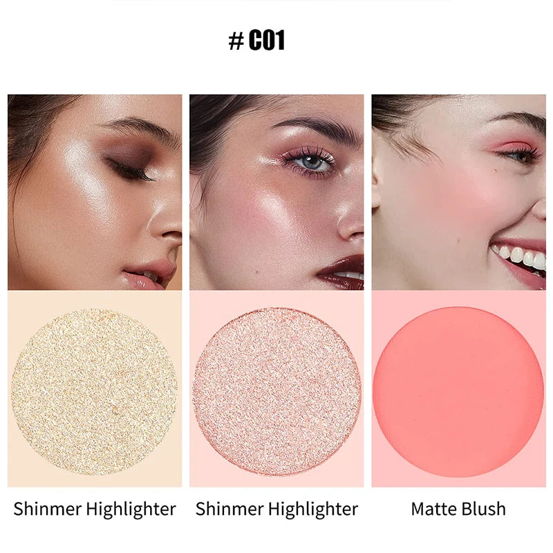 3 em 1 paleta de maquiagem em pó prensado Shimmer Bronzer