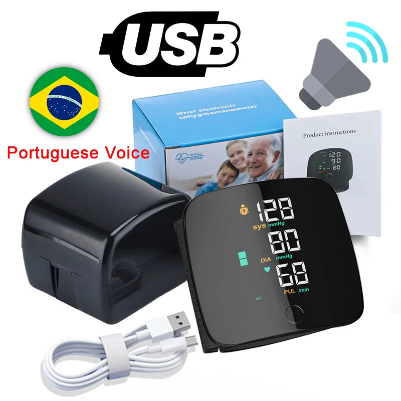 Monitor de pressão arterial de pulso recarregável LED 
Monitor tonômetro BP de transmissão de voz em português, inglês, árabe, espanhol e russo