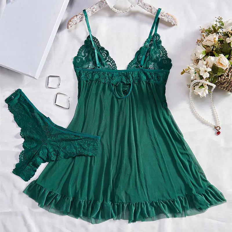 Lindo e delicado conjunto de lingerie esmeralda com renda