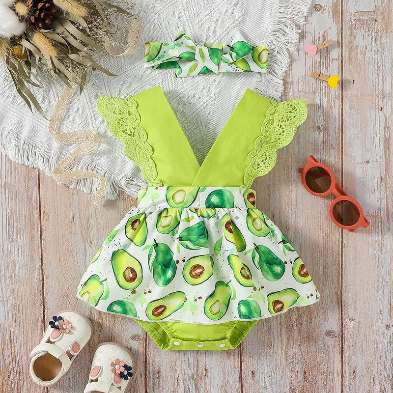 Vestido de verão abacate para meninas recém-nascidas, sem mangas,decote em V