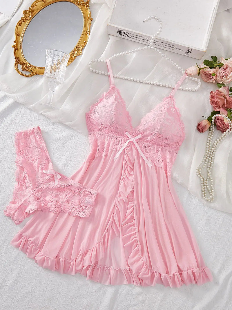 Lindo e delicado conjunto de lingerie rosa com renda