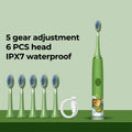 Escova de dentes elétrica infantil, desenho animado, com cabeça de substituição, ultrassônica ipx7, à prova d'água, recarregável