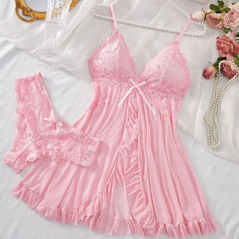 Lindo e delicado conjunto de lingerie rosa com renda